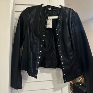 Zara Women's Black Leather Jacket with Silver Accents. NWT.
